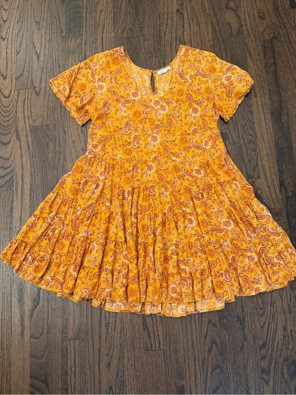 Patrons of Peace Yellow-Orange Paisley Tiered Midi Dress